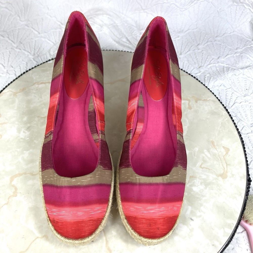 Soft Style Striped Espadrille Wedge Pump Women 8.5 Pink Red Coastal Comfort New - Picture 4 of 14